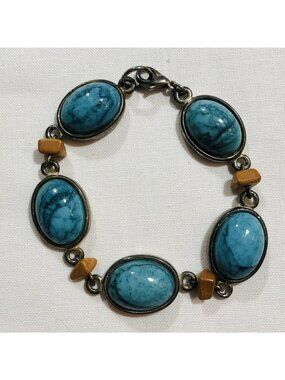 Blue Gemstone Bracelet 7" Bangle Cuff Silver Boho Hippie Gypsy Retro Women Girl